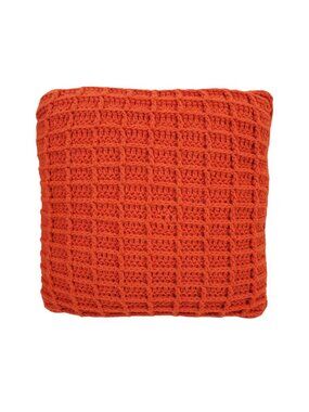 Handmade Crochet Waffle Knit Orange Throw Pillow Retro Cotton Accent 14" X 14"